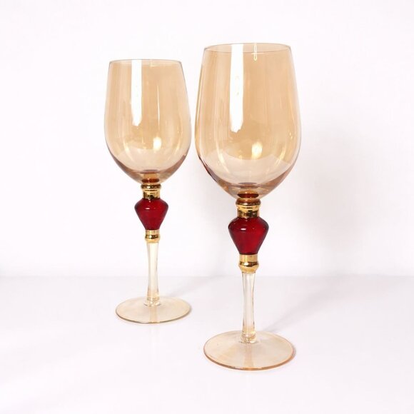 Pier 1 Amber Wine Glasses Set of 2 VTG Elegant Holiday Goblets Bar Cart Decor - Picture 2 of 16